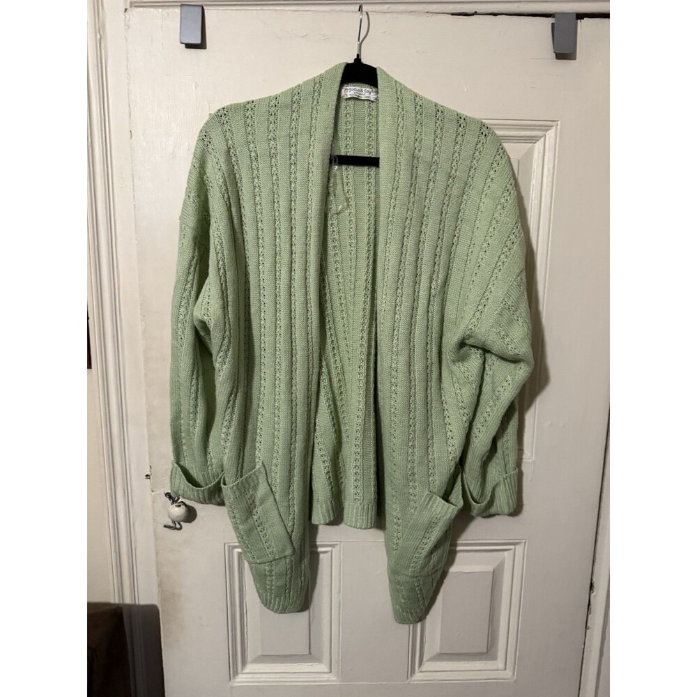 Jolie & Joy Sage Green Open Knit Cardigan Sweater L Oversized Pockets